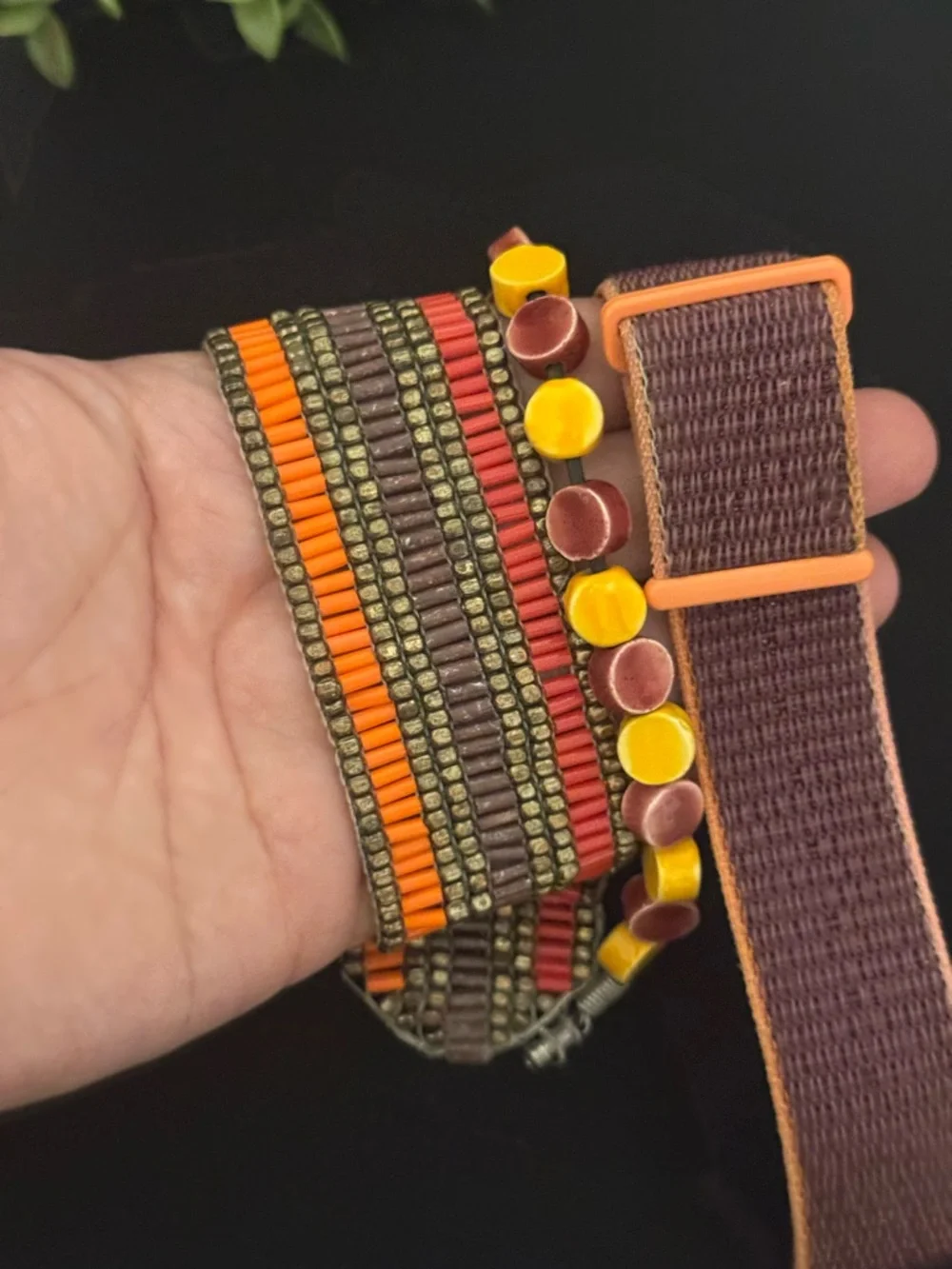 Boho Beaded Multistrand Bracelet and Watch Band‎ in Plum and Mustard (E5)